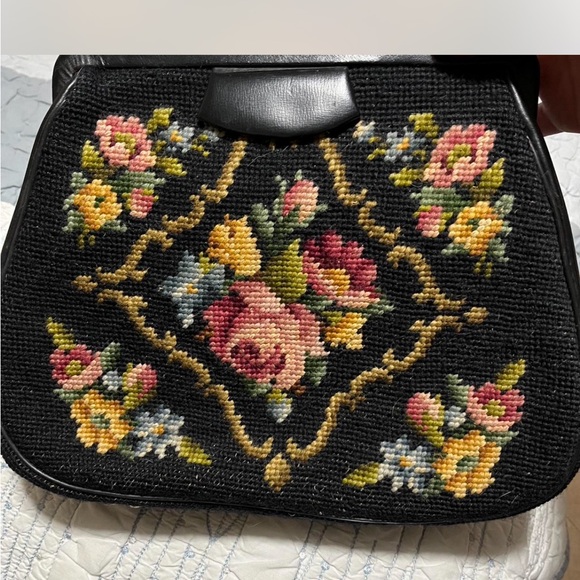 Vintage Floral Needlepoint Black Handbag - Picture 2 of 3